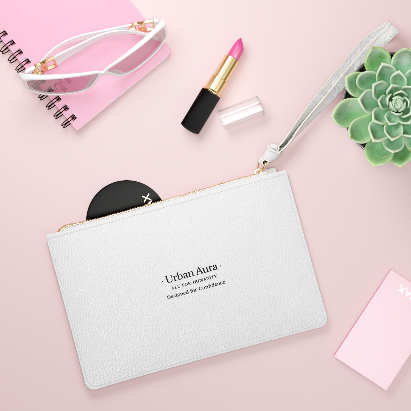 Urban Aura Clutch Bag – Minimalist White Wristlet with 'Urban Aura: All For Humanity' Logo, Elegant Everyday & Event Purse