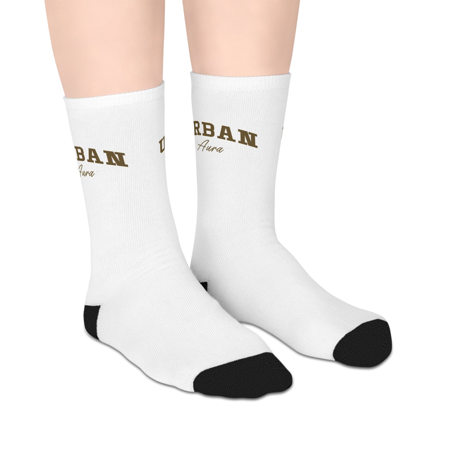 White Mid-Length Socks with 'URBAN' Retro Block Text — Casual Streetwear Crew Socks
