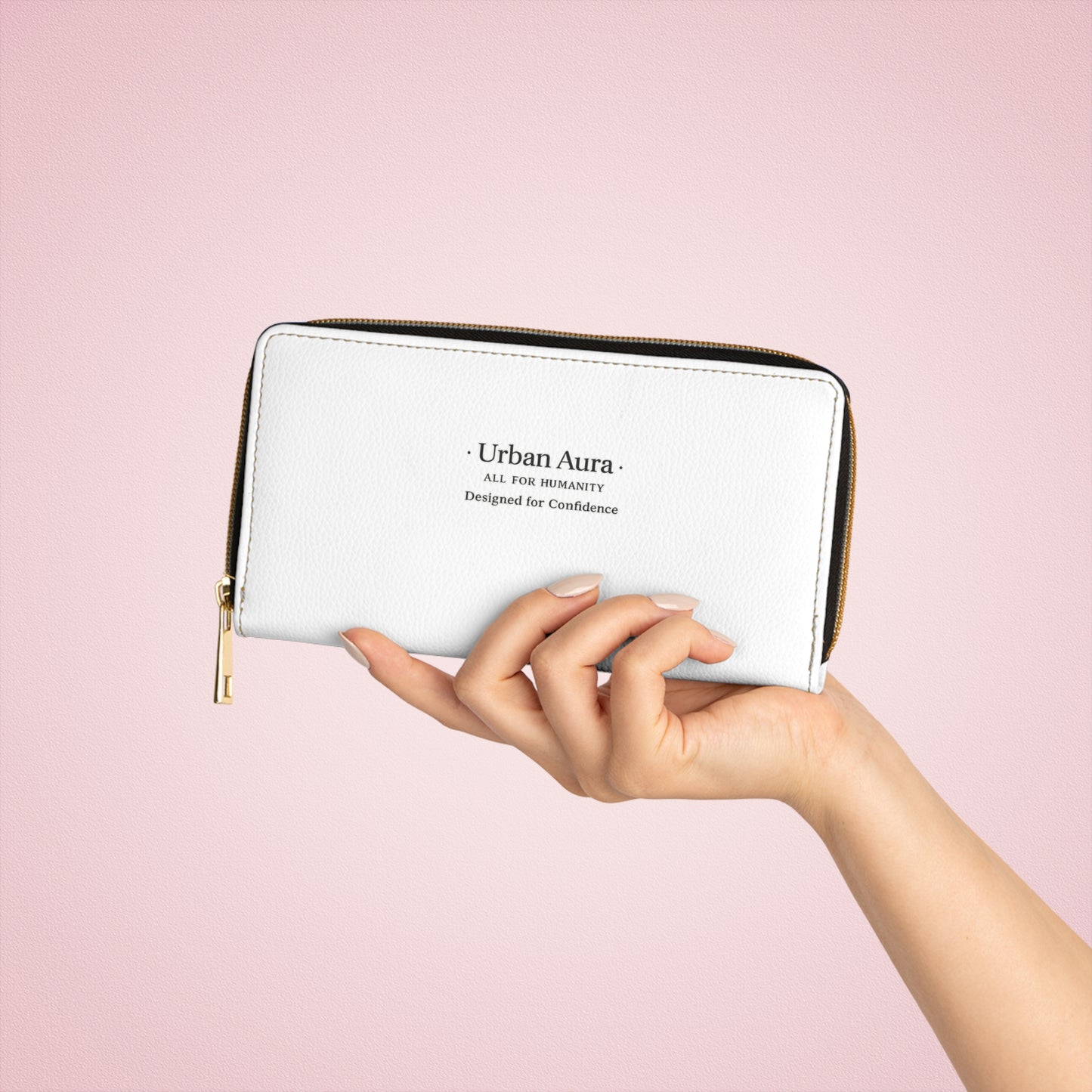 Urban Aura Zipper Wallet — White Leather Zip-Around Wallet with "Urban Aura" Logo