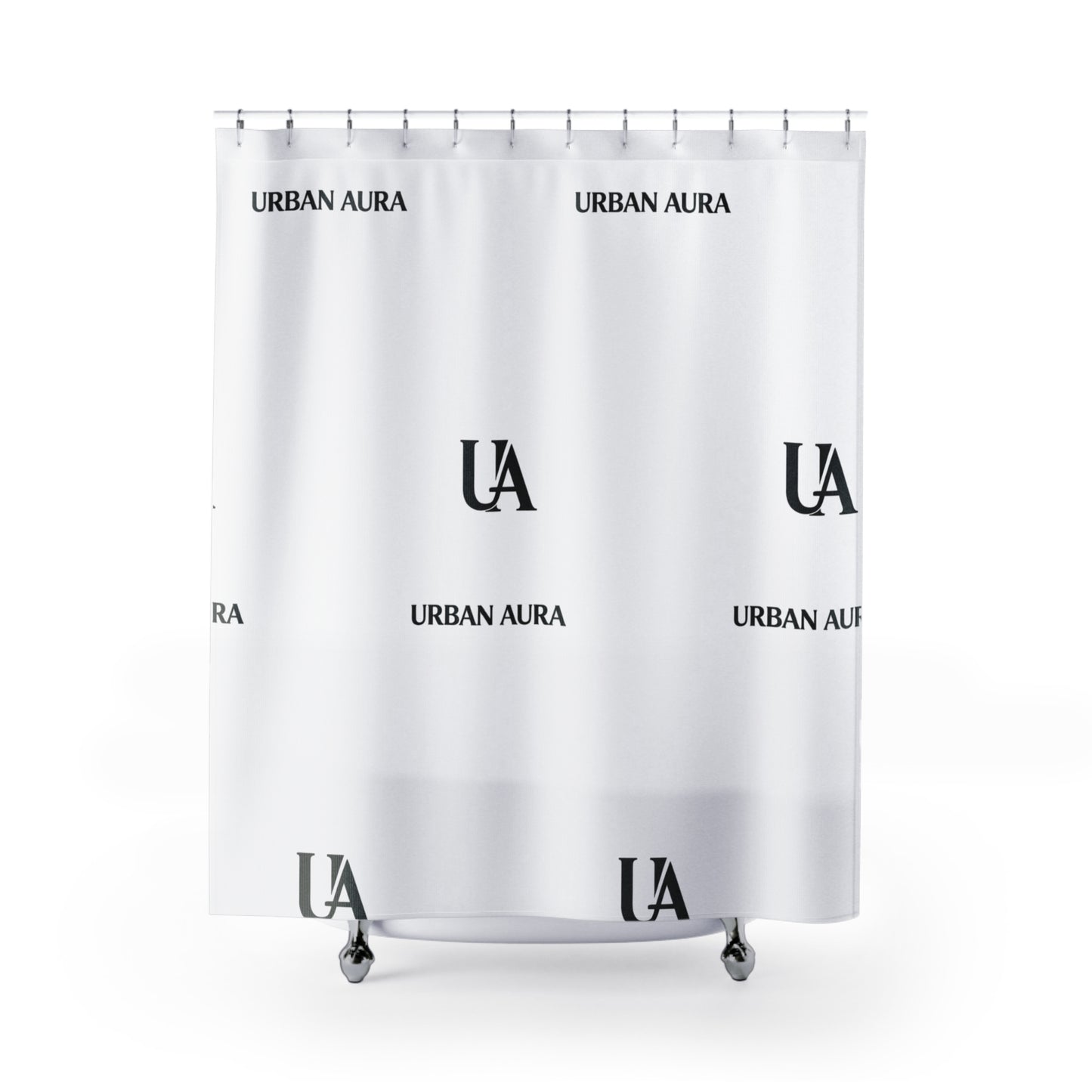 Urban Aura Monogram Shower Curtain — Minimal Black & White Logo Bath Décor