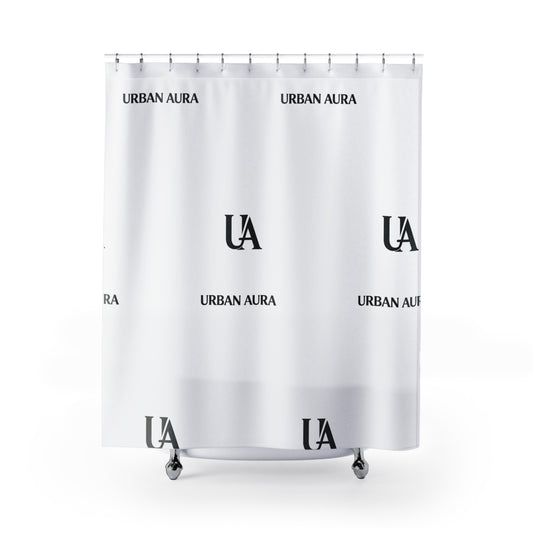 Urban Aura Monogram Shower Curtain — Minimal Black & White Logo Bath Décor