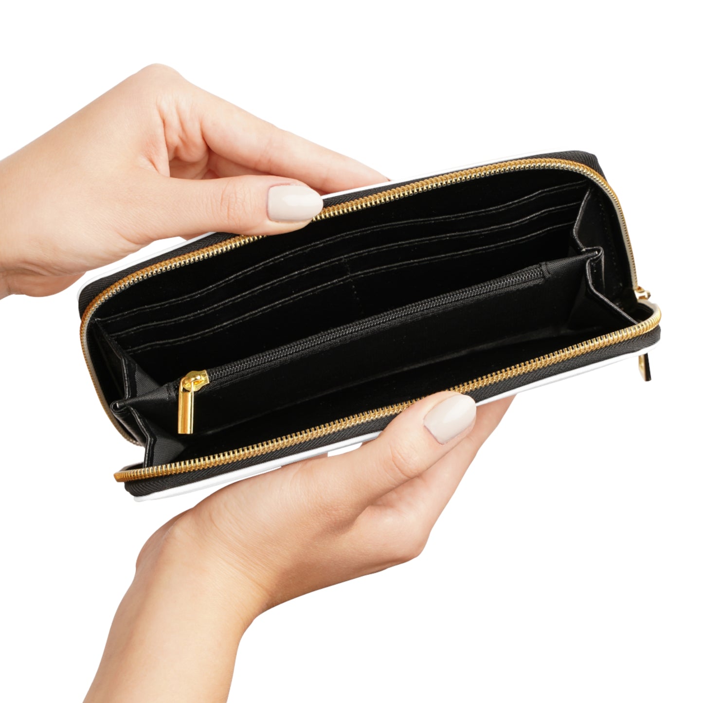 Urban Aura Zipper Wallet — White Leather Zip-Around Wallet with "Urban Aura" Logo