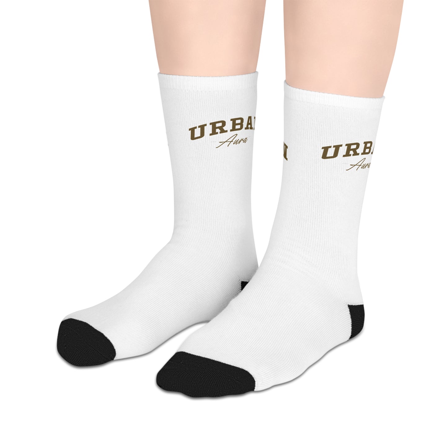 White Mid-Length Socks with 'URBAN' Retro Block Text — Casual Streetwear Crew Socks