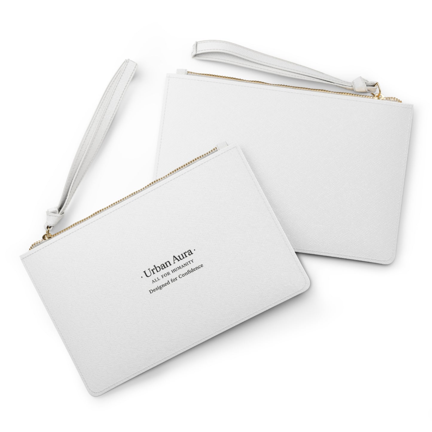 Urban Aura Clutch Bag – Minimalist White Wristlet with 'Urban Aura: All For Humanity' Logo, Elegant Everyday & Event Purse