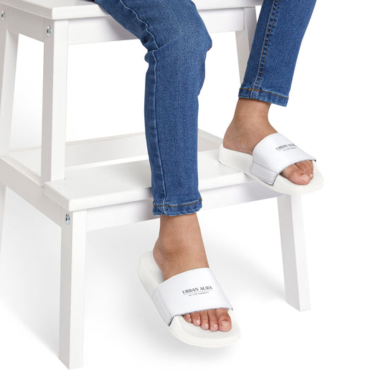 Youth Slide Sandals — Removable Strap White Logo Slides for Kids