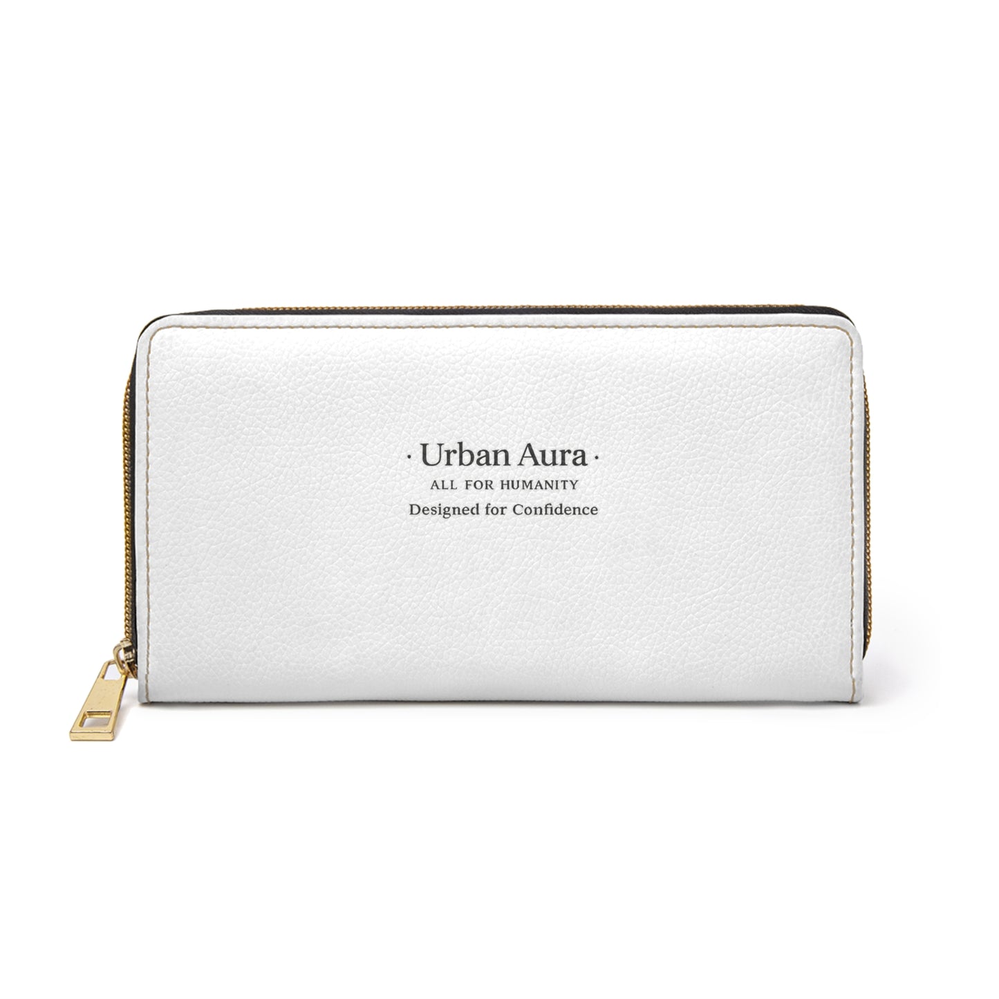 Urban Aura Zipper Wallet — White Leather Zip-Around Wallet with "Urban Aura" Logo