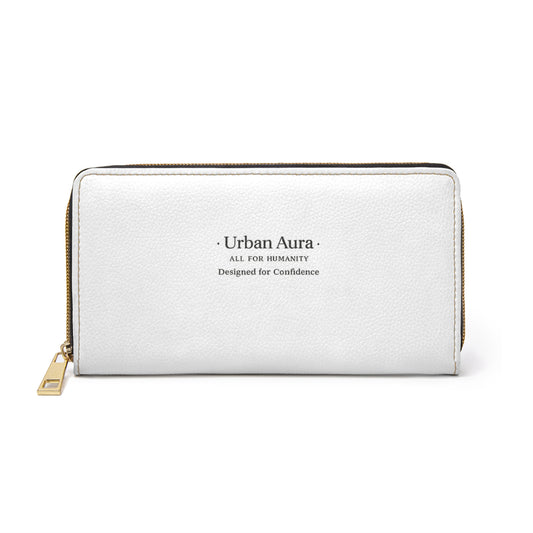 Urban Aura Zipper Wallet — White Leather Zip-Around Wallet with "Urban Aura" Logo