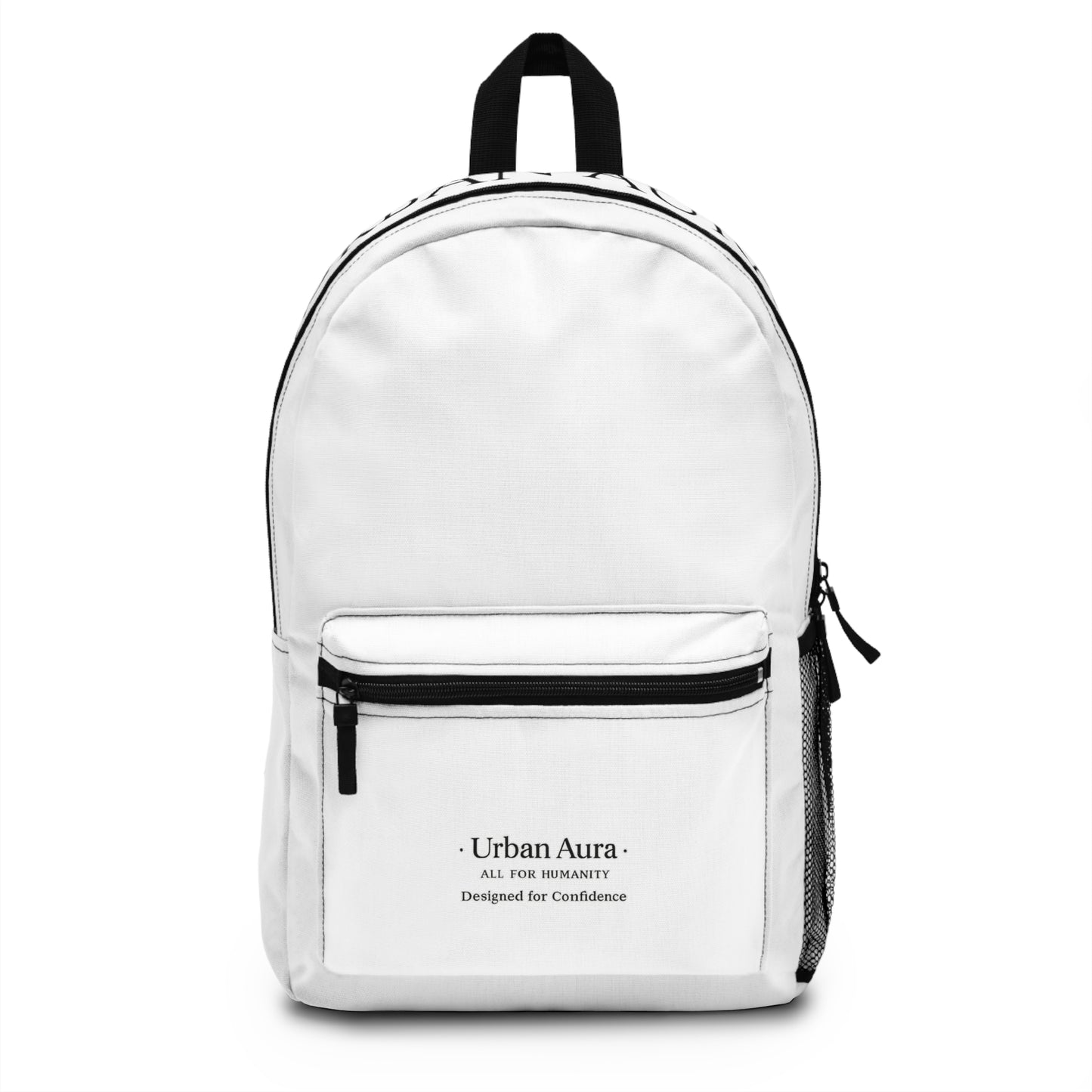 Urban Aura Minimalist White Backpack — 'Urban Aura' Front Pocket Design