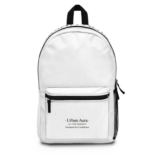 Urban Aura Minimalist White Backpack — 'Urban Aura' Front Pocket Design
