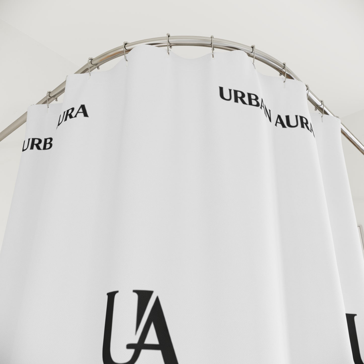 Urban Aura Monogram Shower Curtain — Minimal Black & White Logo Bath Décor
