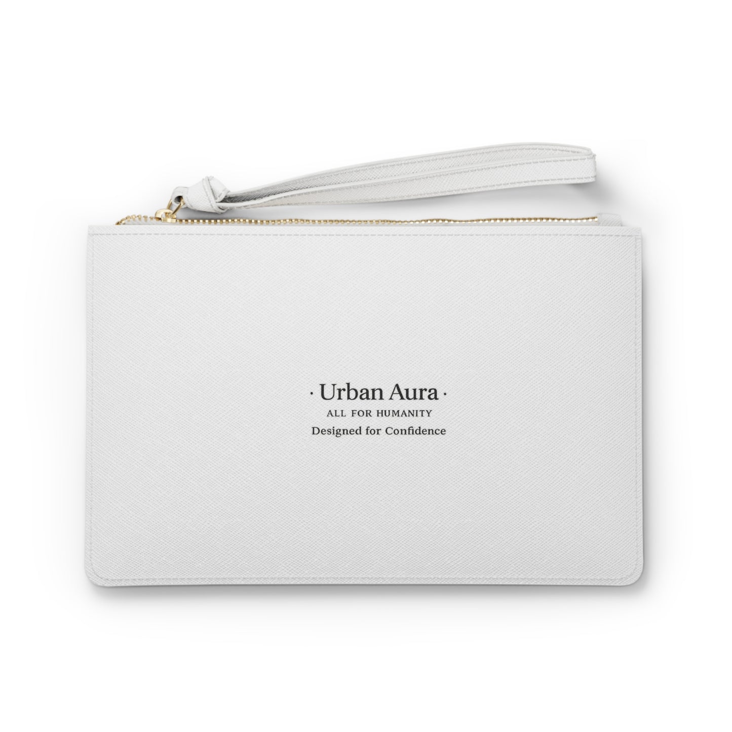 Urban Aura Clutch Bag – Minimalist White Wristlet with 'Urban Aura: All For Humanity' Logo, Elegant Everyday & Event Purse