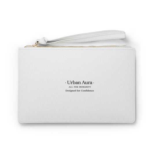 Urban Aura Clutch Bag – Minimalist White Wristlet with 'Urban Aura: All For Humanity' Logo, Elegant Everyday & Event Purse