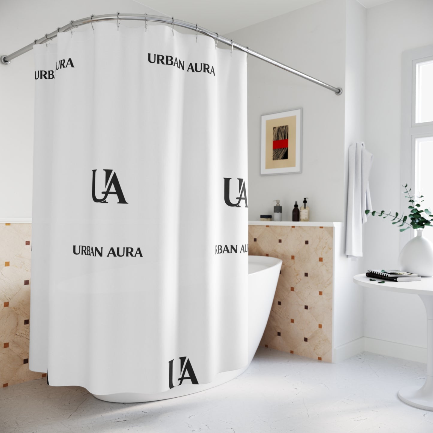 Urban Aura Monogram Shower Curtain — Minimal Black & White Logo Bath Décor