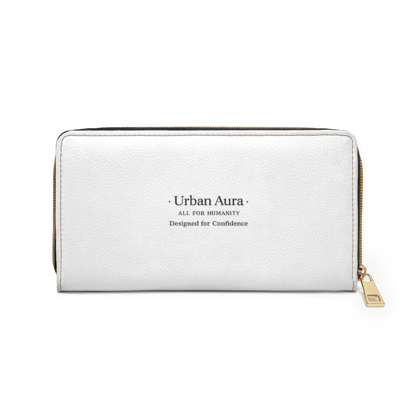 Urban Aura Zipper Wallet — White Leather Zip-Around Wallet with "Urban Aura" Logo