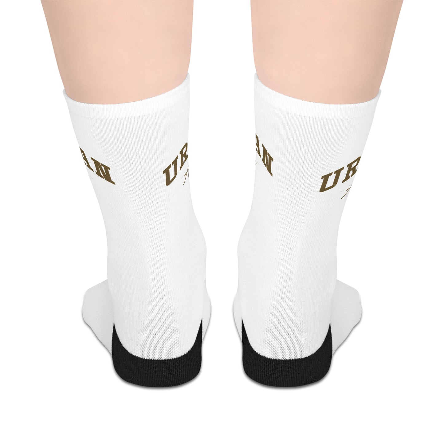 White Mid-Length Socks with 'URBAN' Retro Block Text — Casual Streetwear Crew Socks