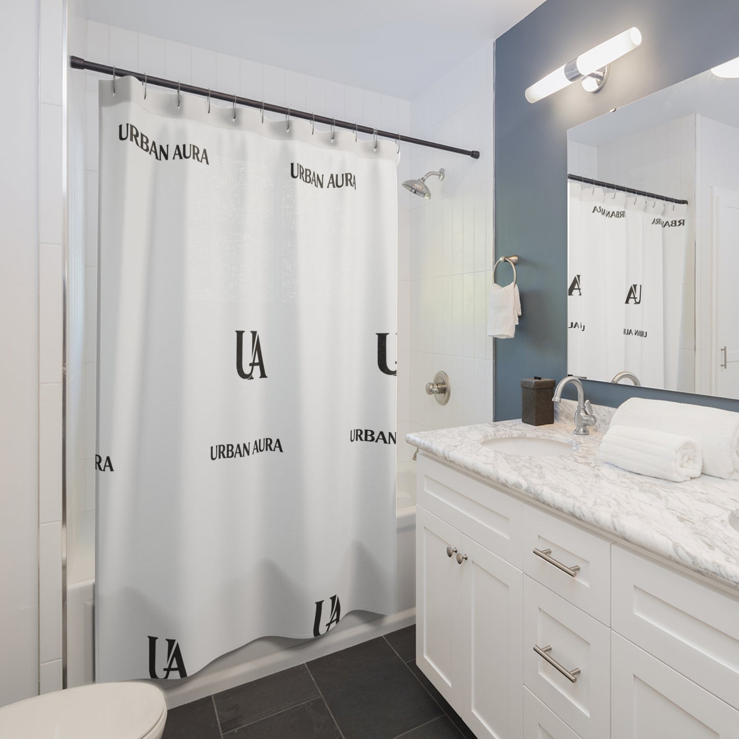 Urban Aura Monogram Shower Curtain — Minimal Black & White Logo Bath Décor