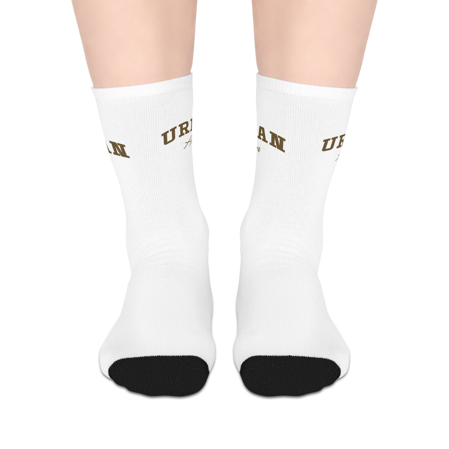 White Mid-Length Socks with 'URBAN' Retro Block Text — Casual Streetwear Crew Socks