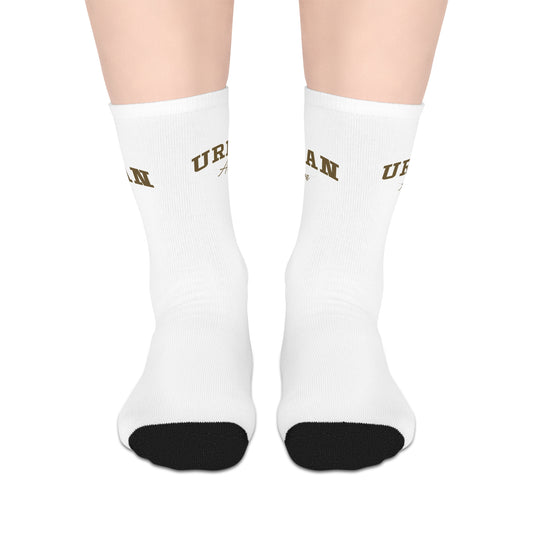 White Mid-Length Socks with 'URBAN' Retro Block Text — Casual Streetwear Crew Socks